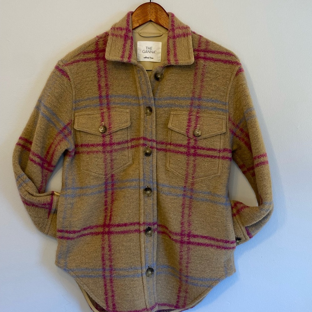 Beautiful tan shacket with magenta and baby blue plaid print from Wilfred.